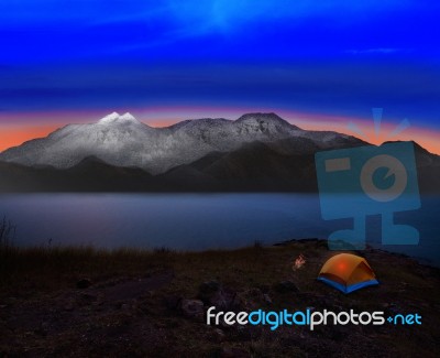 Camping Tent With Rock And Snow Mountian Scene Use For Natural A… Stock Photo