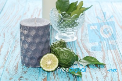 Candle Aroma Bergamot Kaffir Lime Leaves Herb Blue Wood Teak Stock Photo