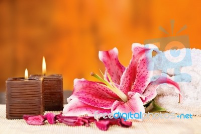 Candles With Towel And Orchid Stock Photo