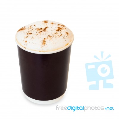 Cappuccino Coffee In Take Away Paper Glass Isolated On White Bac… Stock Photo