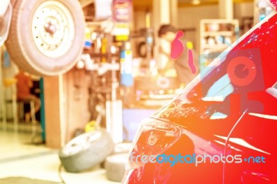 Car Parked At Repair Garage Stock Photo