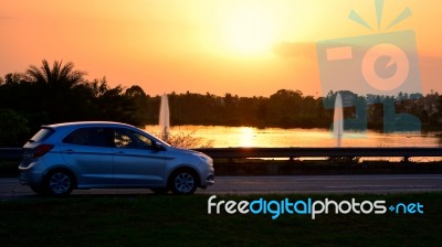 Car Travelling On Highway Stock Photo