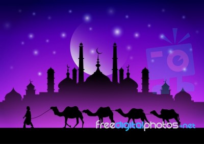 Caravan Of Camels In The Desert Near The Mosque Under The Moon Stock Image