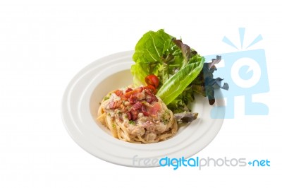 Carbonara Pasta In Ceramic Dish Stock Photo