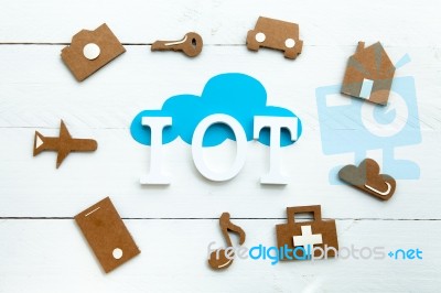 Cardboard Web Icons,  Blue Cloud And Iinternet Of Things Acronym… Stock Photo