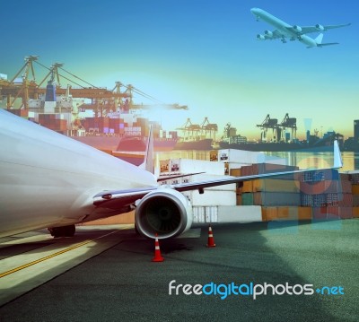 Cargo Plane And Ship Loading Container For Logistic And Transport Business Stock Photo