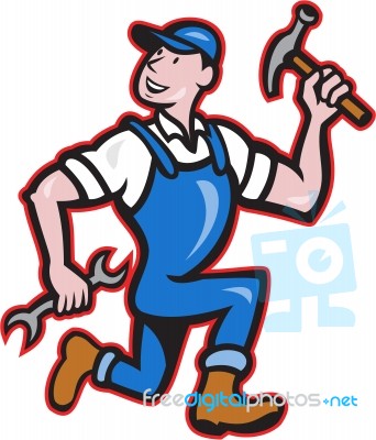 Carpenter Builder Hammer Running Cartoon Stock Image