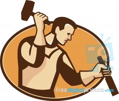 Carpenter Sculptor With Hammer Chisel Retro Stock Image