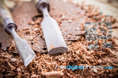 Carpenter Tools In Pine Wood Table Stock Photo