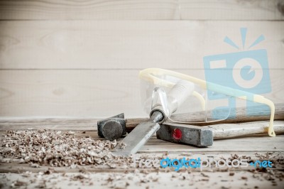 Carpenter Tools In Pine Wood Table Stock Photo