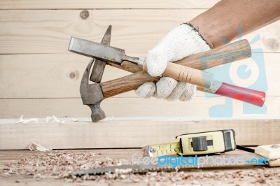 Carpenter Tools In Pine Wood Table Stock Photo