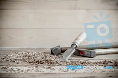 Carpenter Tools In Pine Wood Table Stock Photo