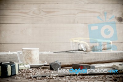 Carpenter Tools In Pine Wood Table Stock Photo