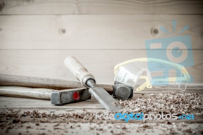 Carpenter Tools In Pine Wood Table Stock Photo