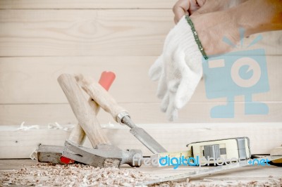 Carpenter Tools In Pine Wood Table Stock Photo