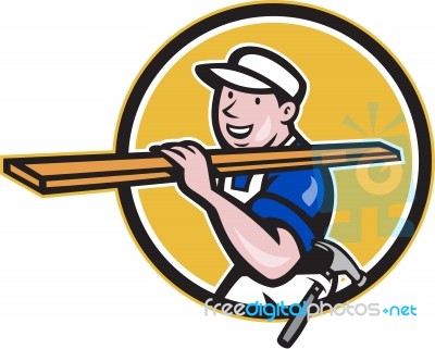 Carpenter Worker Carrying Timber Circle Cartoon Stock Image