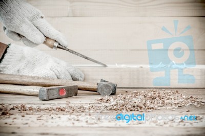 Carpenter Working With Old Plane Stock Photo