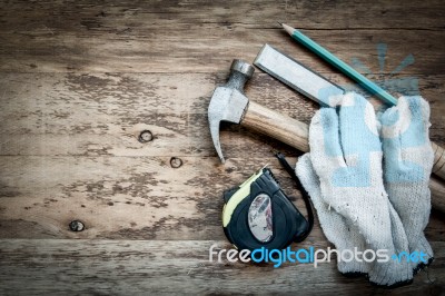 Carpentry Tools On The Wooden Table Stock Photo