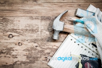 Carpentry Tools On The Wooden Table Stock Photo