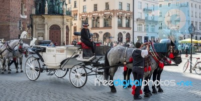 Carriage And Horses In Krakow Stock Photo