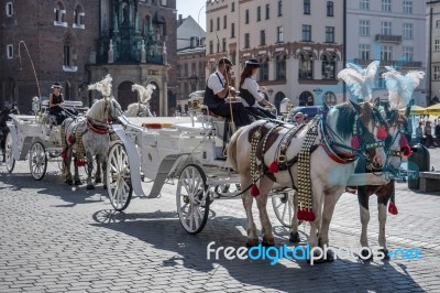 Carriage And Horses In Krakow Stock Photo