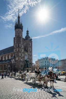 Carriage And Horses In Krakow Stock Photo