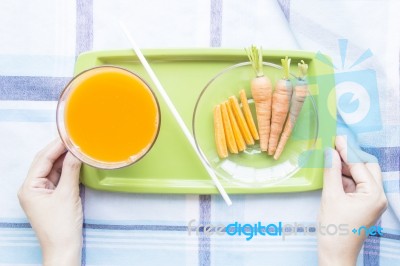 Carrots Juice Healthy Diet Food On Waiter With Hand Stock Photo