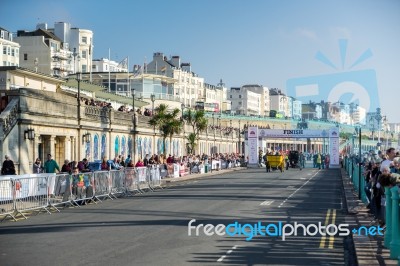 Cars Approaching The Finish Line Of The London To Brighton Veter… Stock Photo