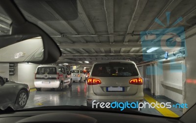 Cars Disembarking From Ferry In Italy Stock Photo