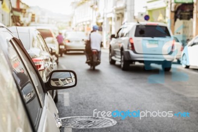 Cars On The Road In The Old Town, Phuket, Thailand Stock Photo