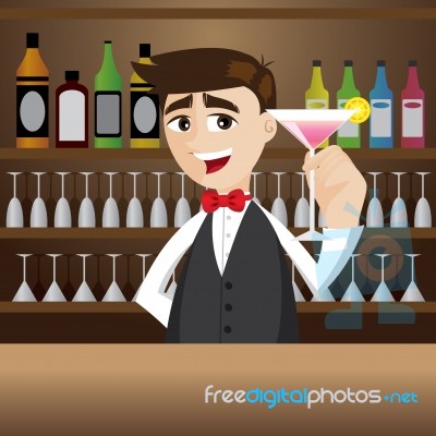 Cartoon Bartender With Glass Of Cocktail Stock Image