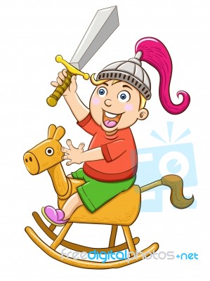 Cartoon Boy Playing With Toy Horse Stock Image