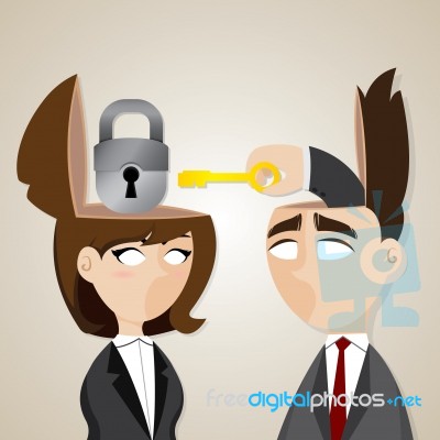 Cartoon Businessman And Businesswoman Unlock With Key Stock Image