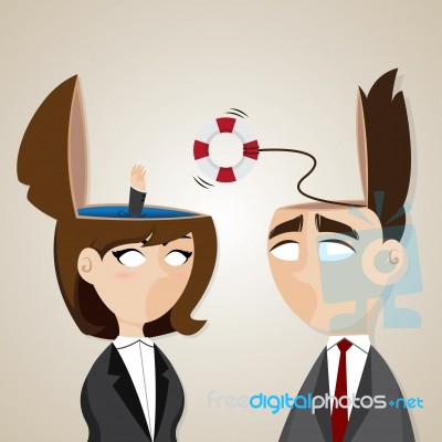 Cartoon Businessman And Businesswoman With Buoy Helping Stock Image