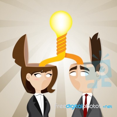 Cartoon Businessman And Businesswoman With Twisted Idea Bulb Stock Image