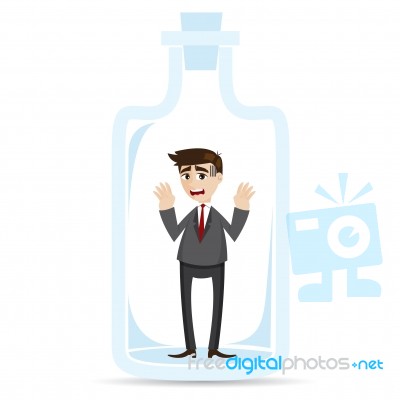 Cartoon Businessman Captured In Bottle Stock Image