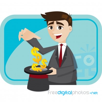 Cartoon Businessman Cast Money From Magician Hat Stock Image