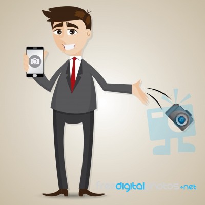 Cartoon Businessman Drop Camera And Showing Camera In Smartphone… Stock Image