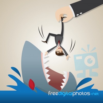 Cartoon Businessman Dropped Into Hungry Shark Stock Image