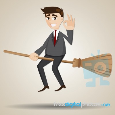 Cartoon Businessman Floating On Magic Broom Stock Image