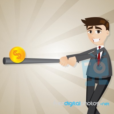 Cartoon Businessman Hitting Money Coin In Baseball Style Stock Image