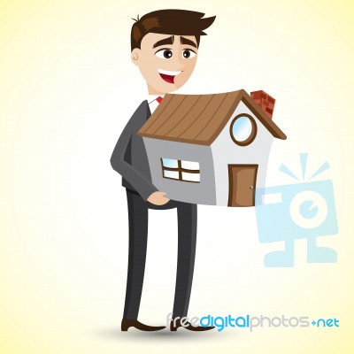 Cartoon Businessman Holding House Stock Image