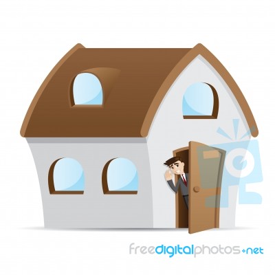 Cartoon Businessman Open House Door Stock Image