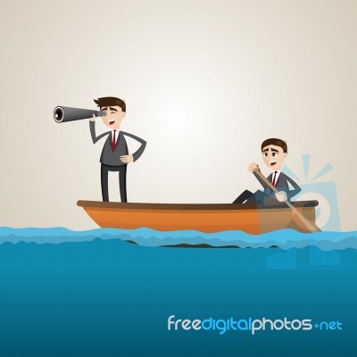 Cartoon Businessman Paddling On Sea With Teammate Scouting Stock Image