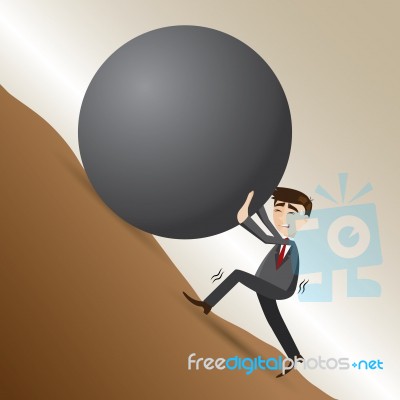 Cartoon Businessman Push Steel Ball On Moutain Stock Image