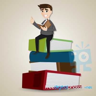 Cartoon Businessman Reading Book On Stack Of Book Stock Image