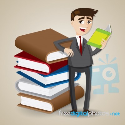 Cartoon Businessman Reading With Stack Of Book Stock Image