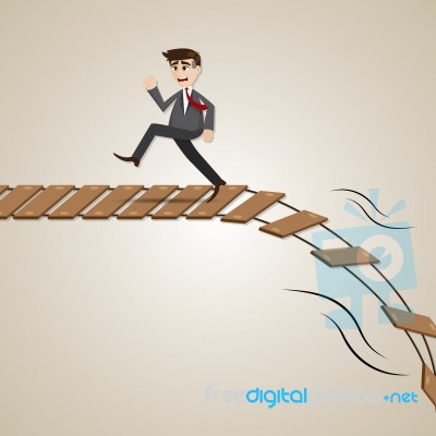 Cartoon Businessman Run Away From Broken Rope Bridge Stock Image