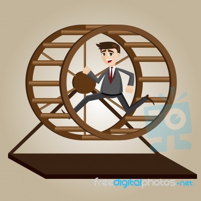 Cartoon Businessman Running In Rat Wheel Stock Image