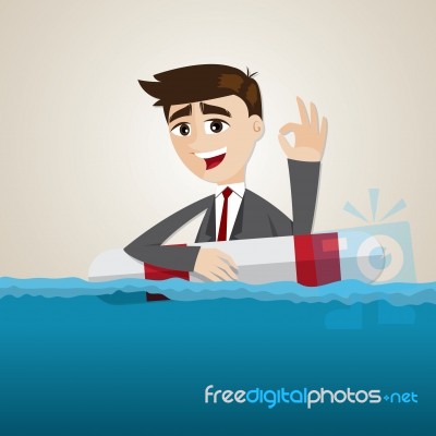 Cartoon Businessman Safety With Lifebuoy Stock Image